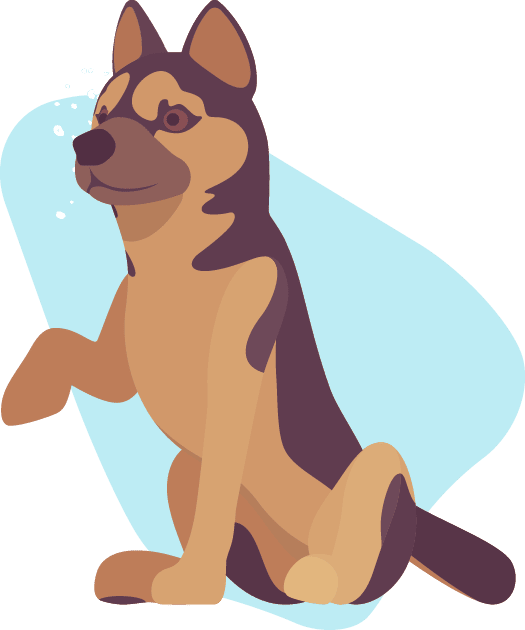 An illustration of a cute brown and tawny puppy, holding up a paw