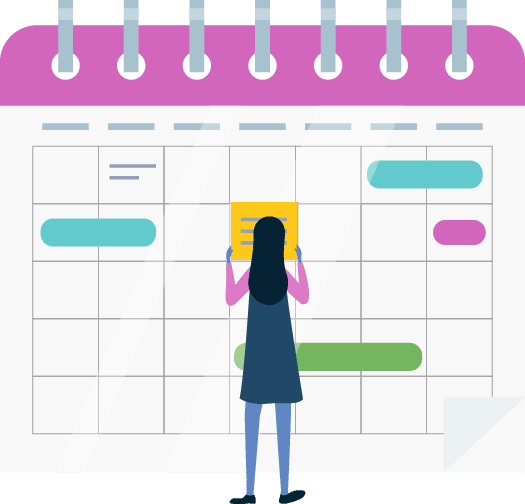 An illustration of a person looking at a large, colorful calendar