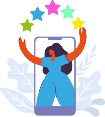 A person with arms stretched overhead, encircling a ring of colorful stars. The person is stepping out of a telephone, which is framed in large leaves.