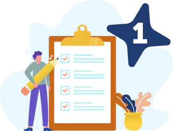 Step 1: Fill out the intake form. An illustration of a person holding a giant pencil, checking off boxes on form on a giant clipboard.