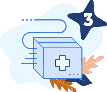 Step 3: Overnight shipping. An illustration of a package with a medical cross on it jauntily flying to your doorstep.